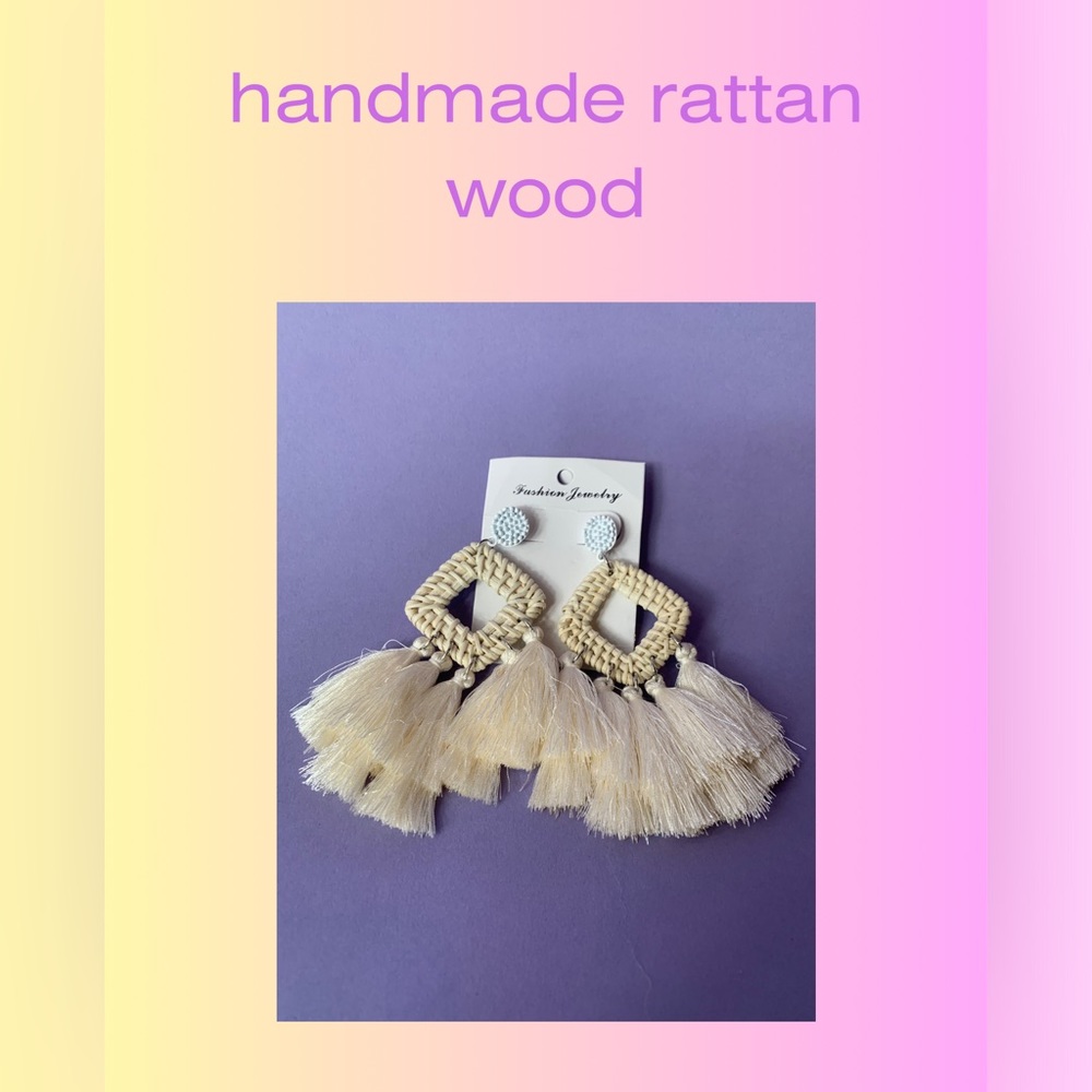 Handmade rattan wood white earrings